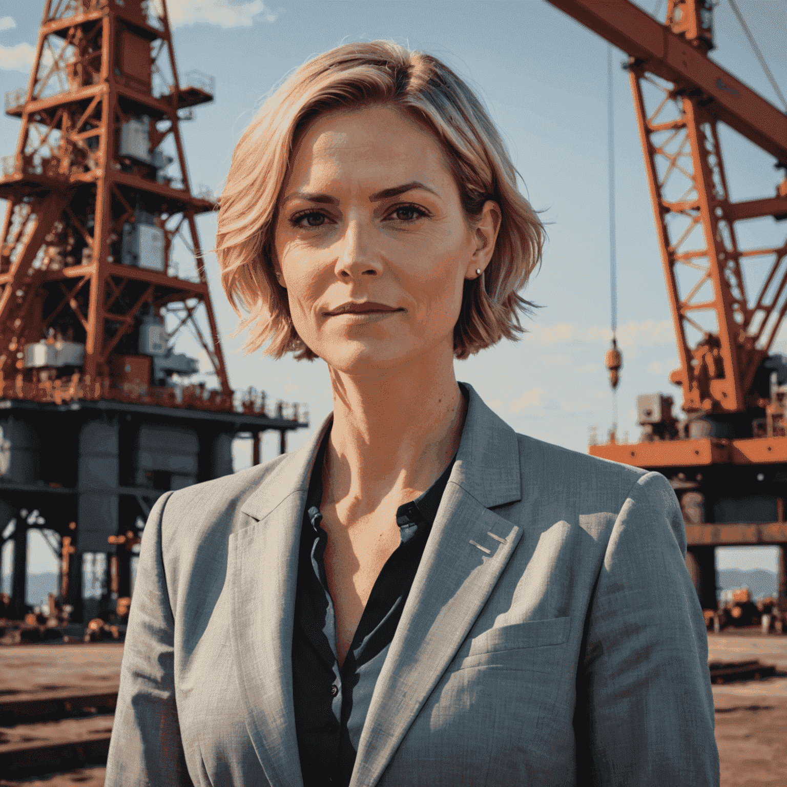 Sarah Thompson, an experienced oil industry analyst with short blonde hair, wearing a professional blazer, standing in front of an oil rig