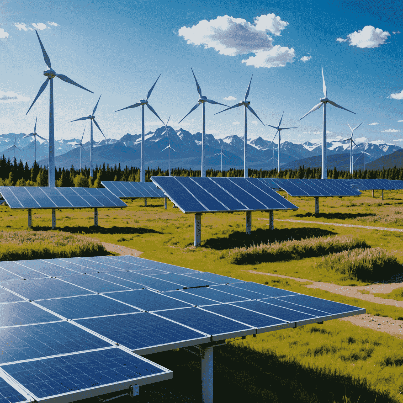 Futuristic solar panels and wind turbines with neon blue accents, symbolizing the future of renewable energy in the Canadian landscape