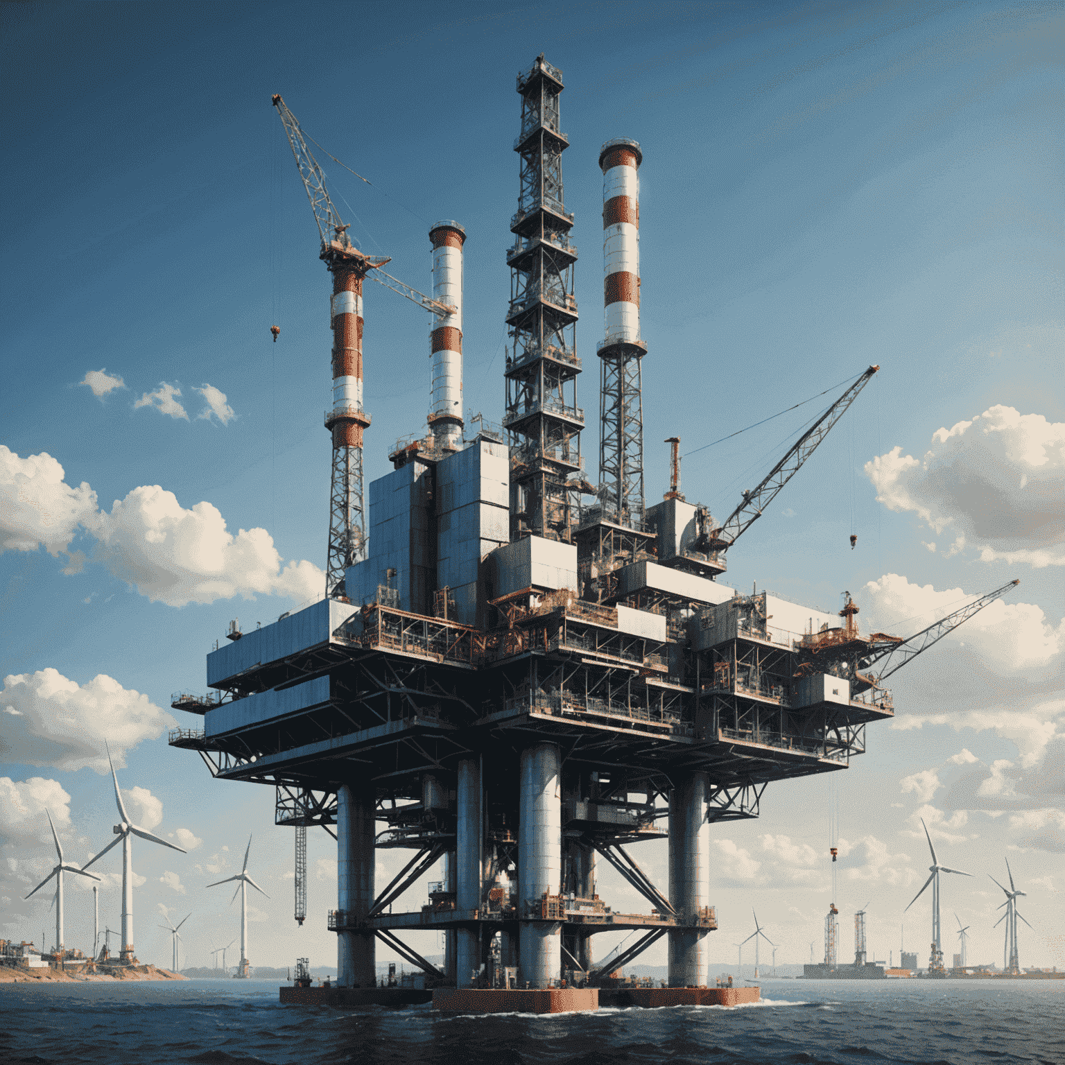 Futuristic oil rig transforming into a renewable energy facility, symbolizing the transition in the energy sector