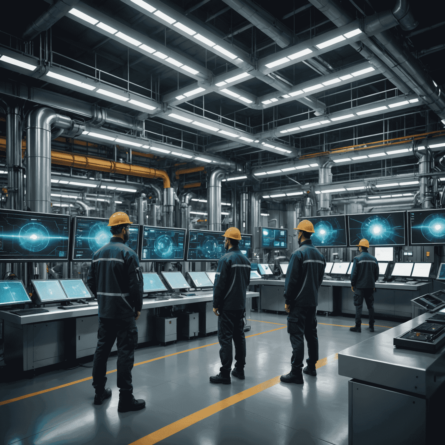 Futuristic industrial plant with glowing energy-efficient systems and workers monitoring holographic displays