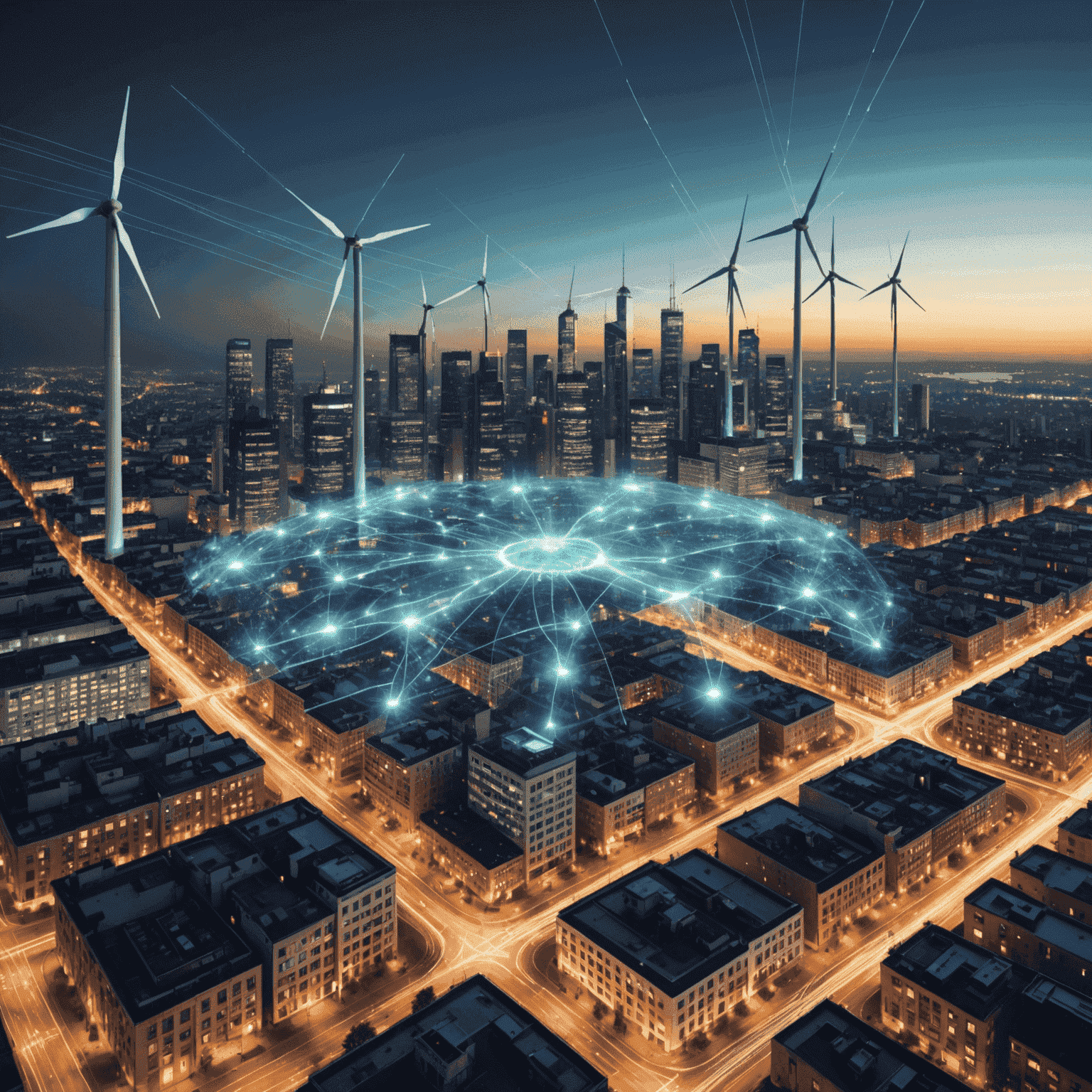 Futuristic visualization of a smart grid network overlaying a cityscape, with glowing lines representing energy flow and data transfer between buildings, power stations, and renewable energy sources