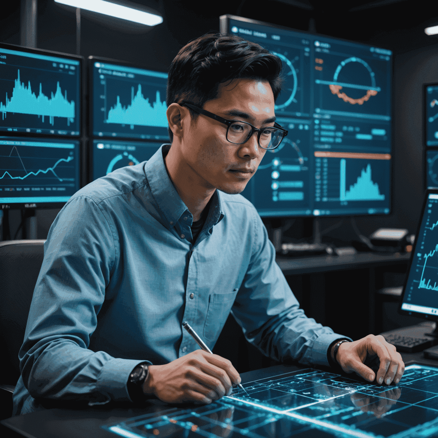 Michael Chen, a data scientist specializing in energy markets, with dark hair and glasses, working on a holographic display showing oil production charts