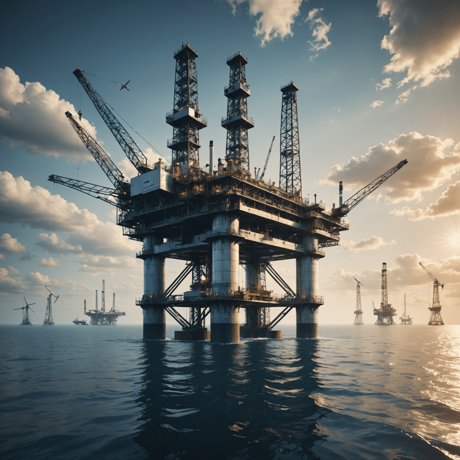 Modern oil rig with futuristic overlay, showcasing the transition in the energy industry