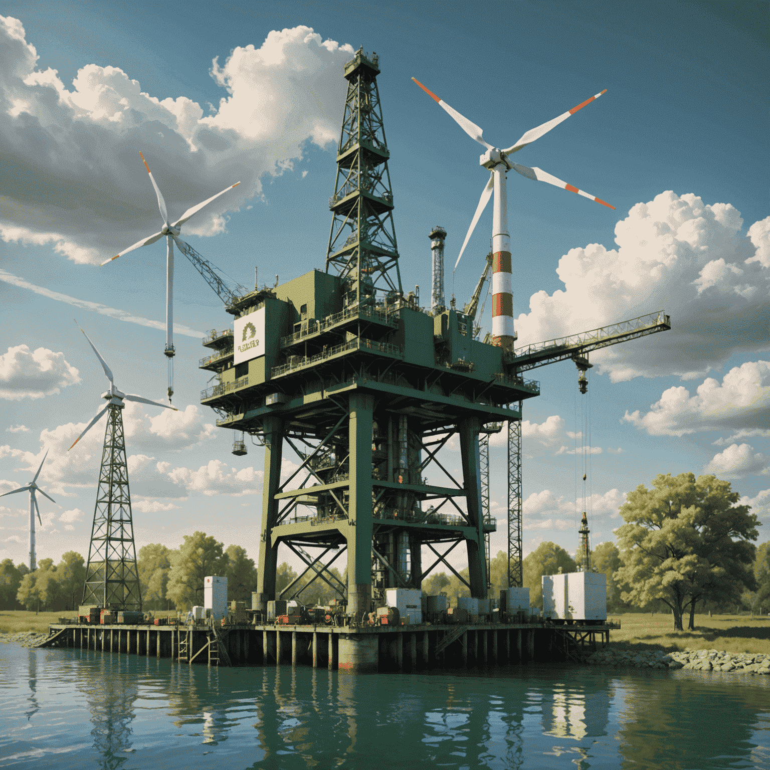 Oil rig transforming into a green energy plant, representing the transition of Canadian oil companies