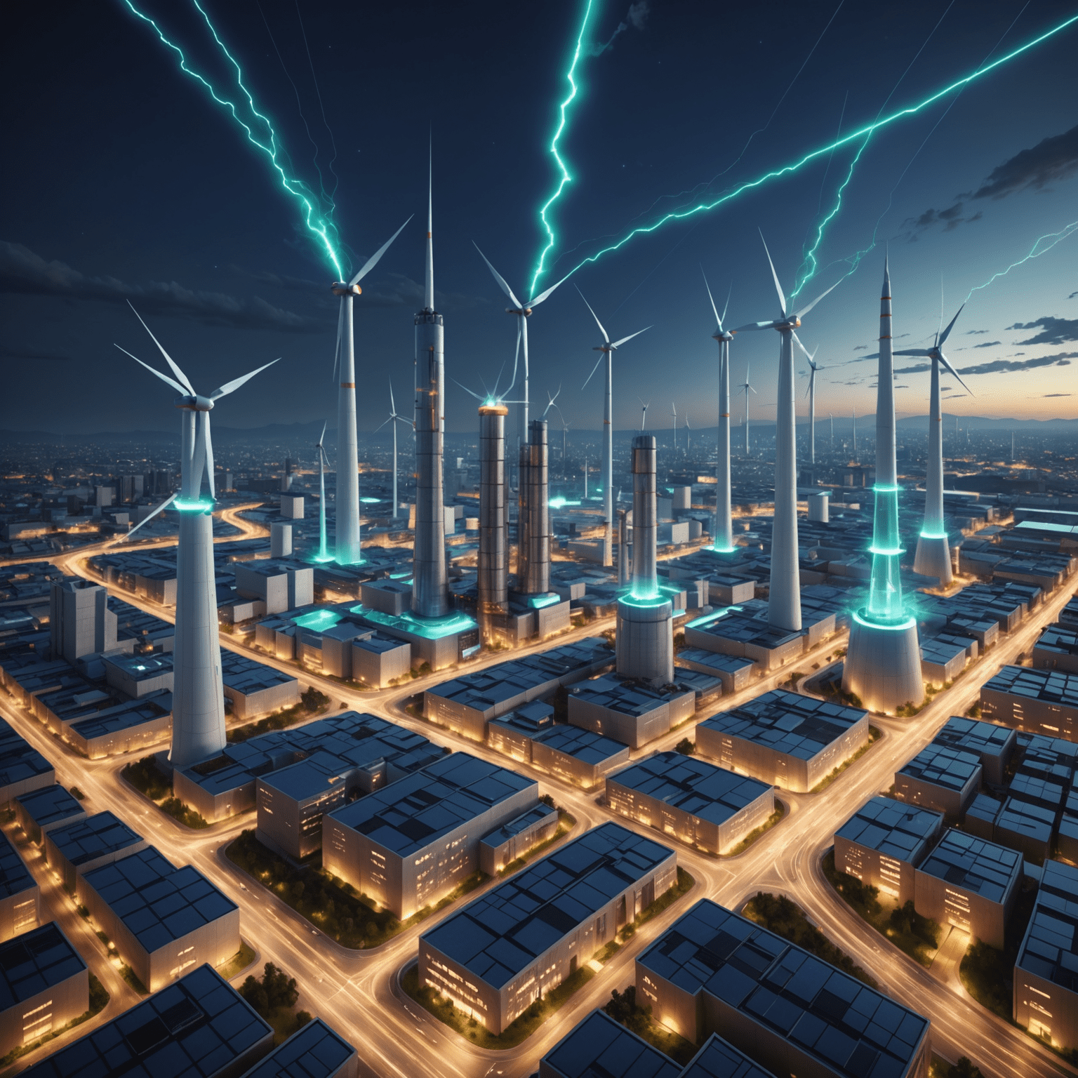 Futuristic cityscape powered by a mix of renewable energy sources and traditional power plants, with glowing energy transfer lines connecting them