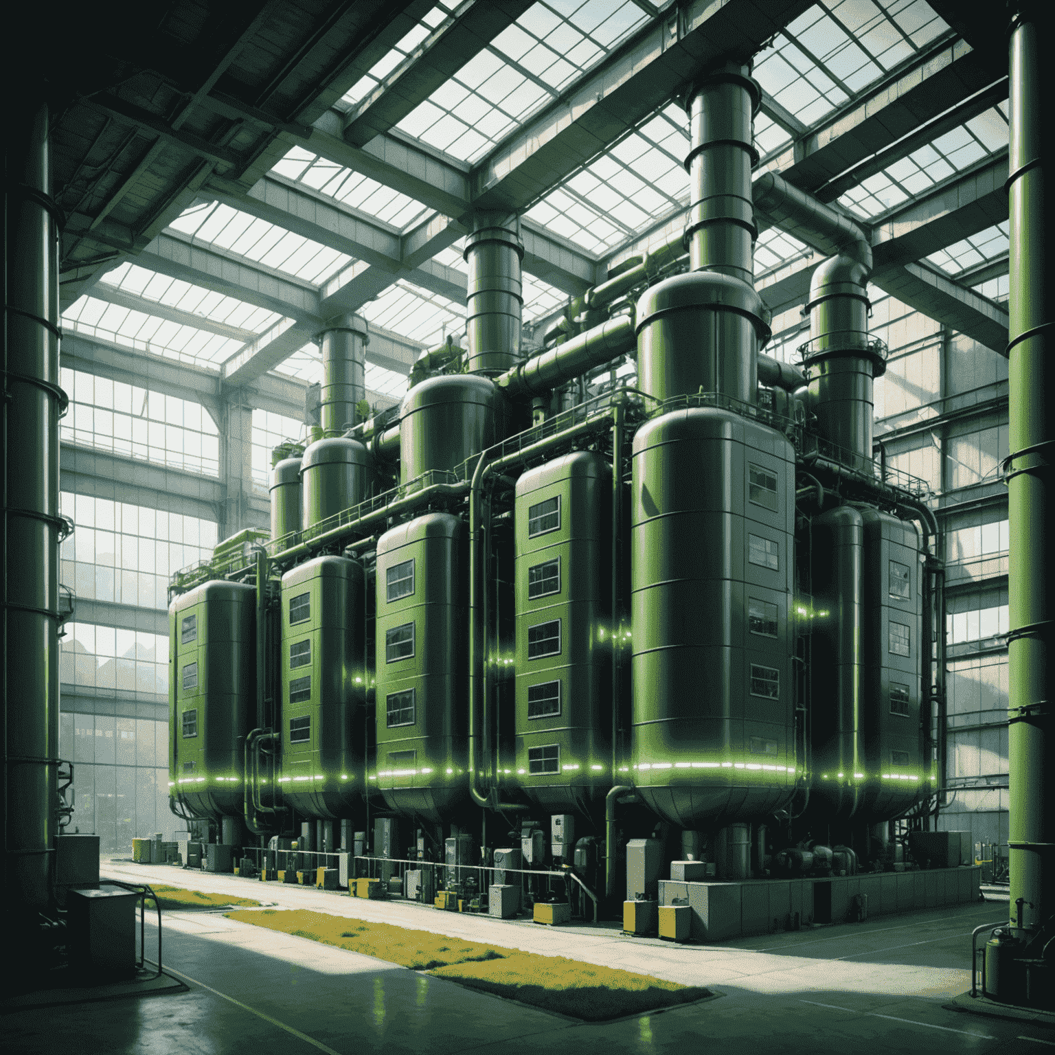 Futuristic factory with glowing green energy efficiency indicators