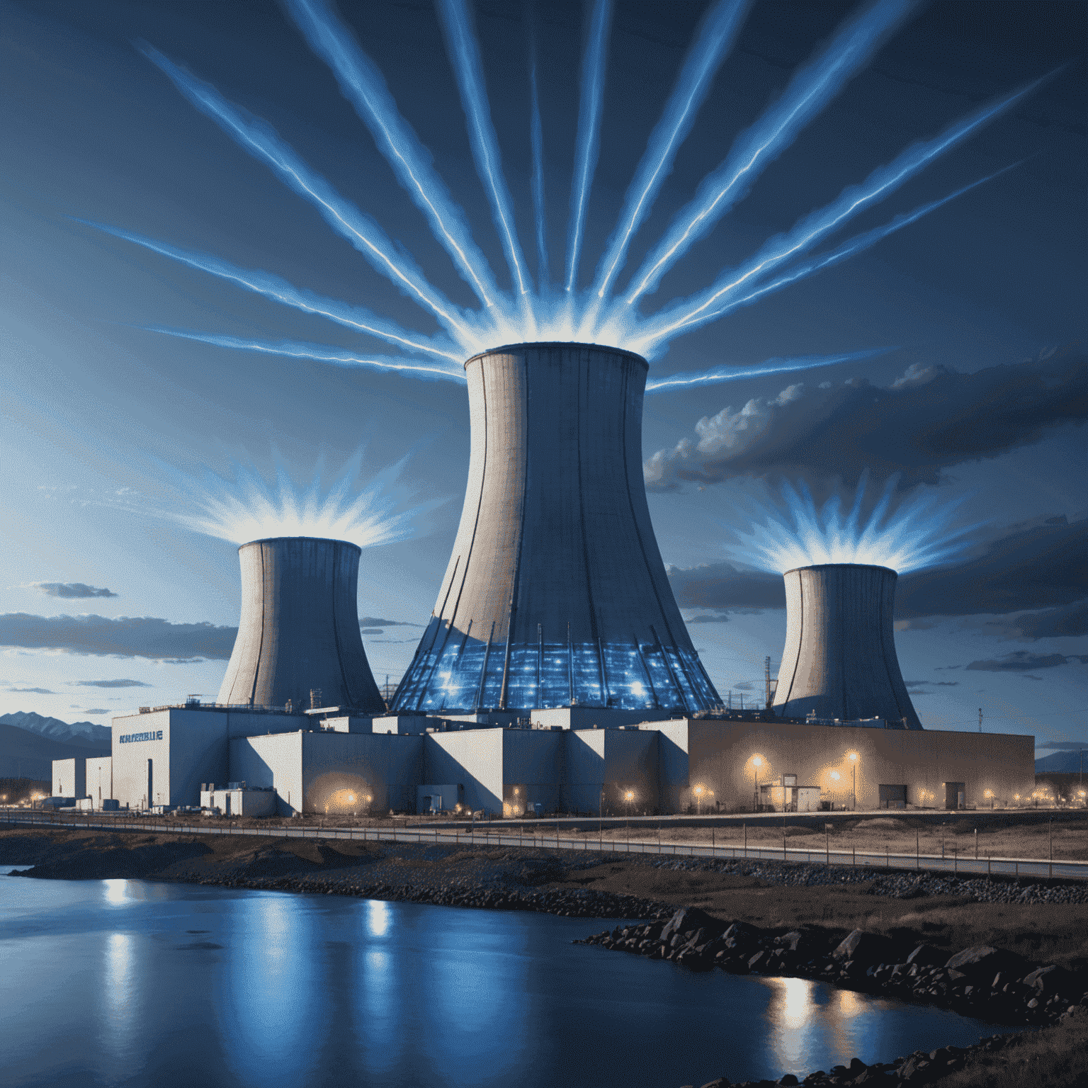 Futuristic nuclear power plant with blue energy beams, representing Canada's potential nuclear energy future