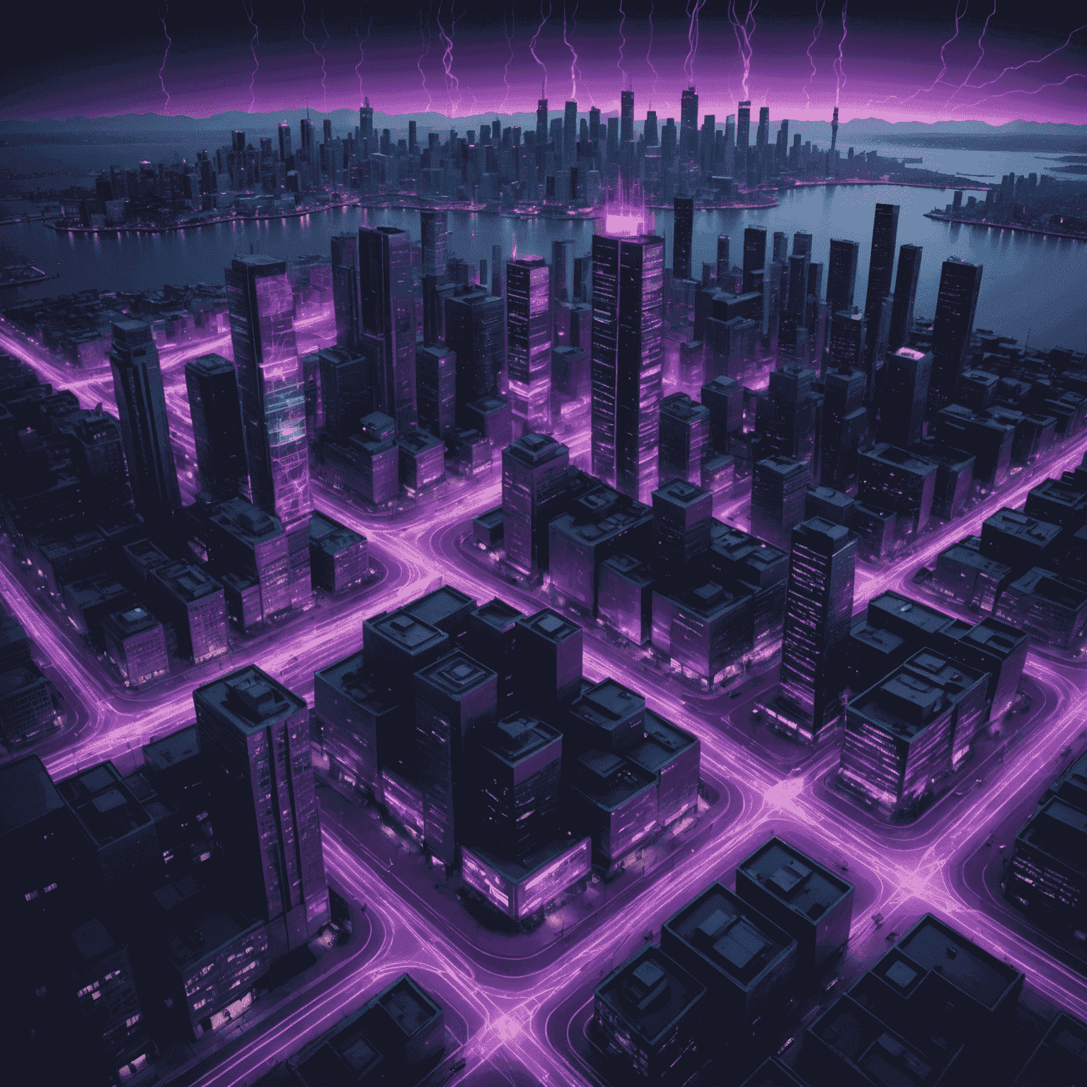 Cyberpunk-style city grid with pulsating purple energy lines, depicting smart grid technology in Canadian urban areas